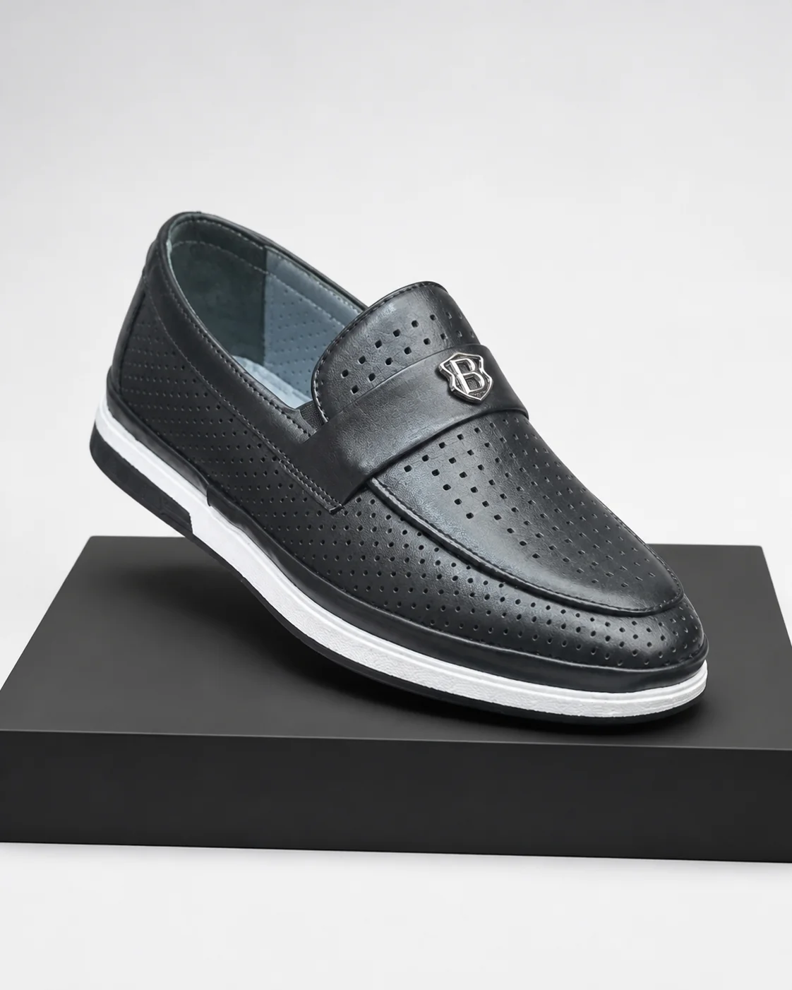 Black Shield-Accent Perforated Loafer