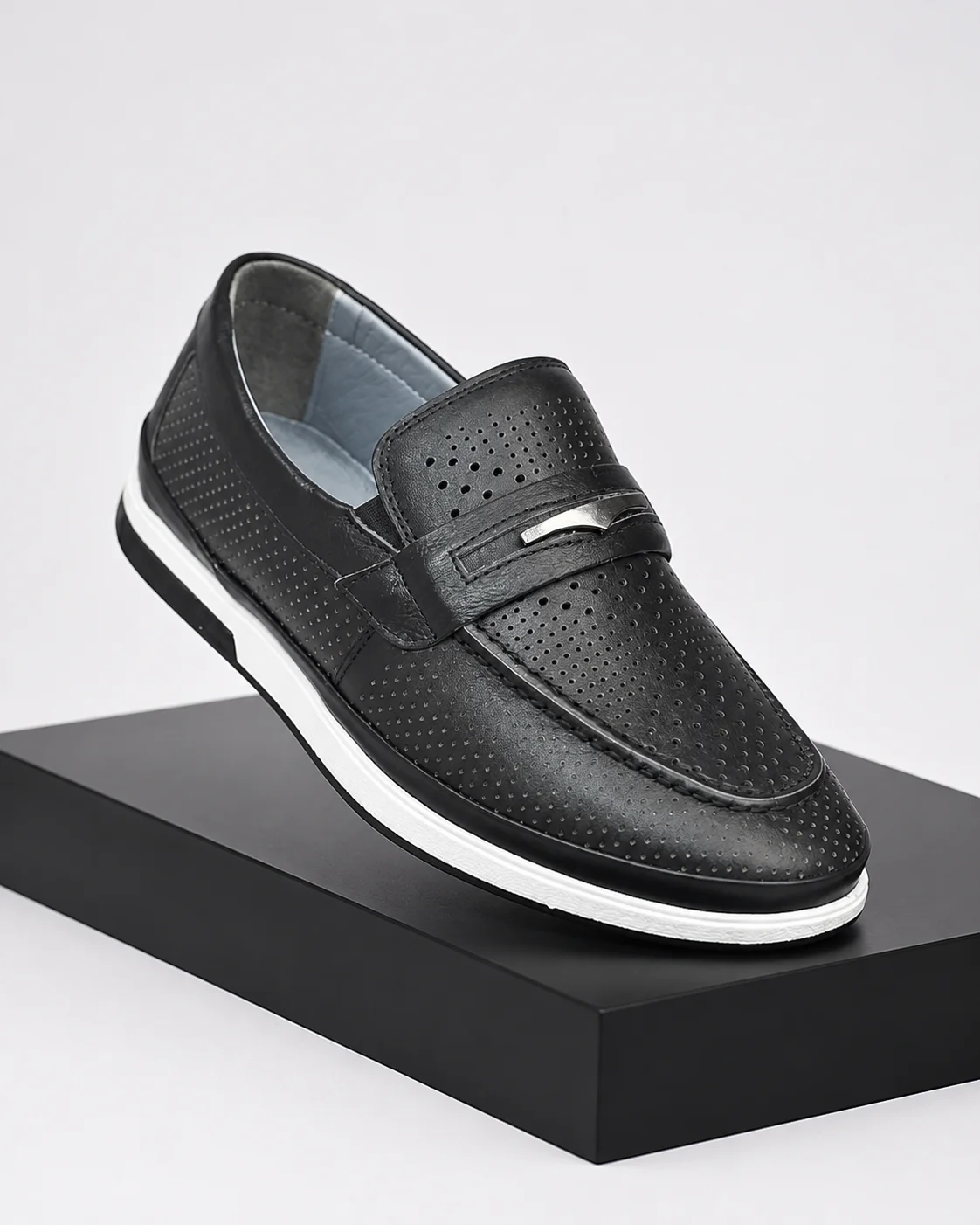 Black Silver-Bar Perforated Loafer