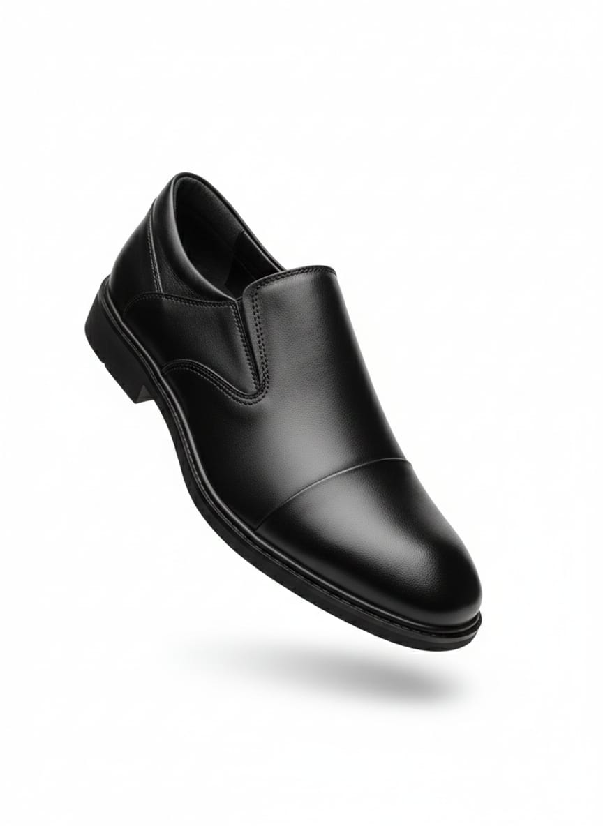 Black Plain-Toe Leather Slip-On