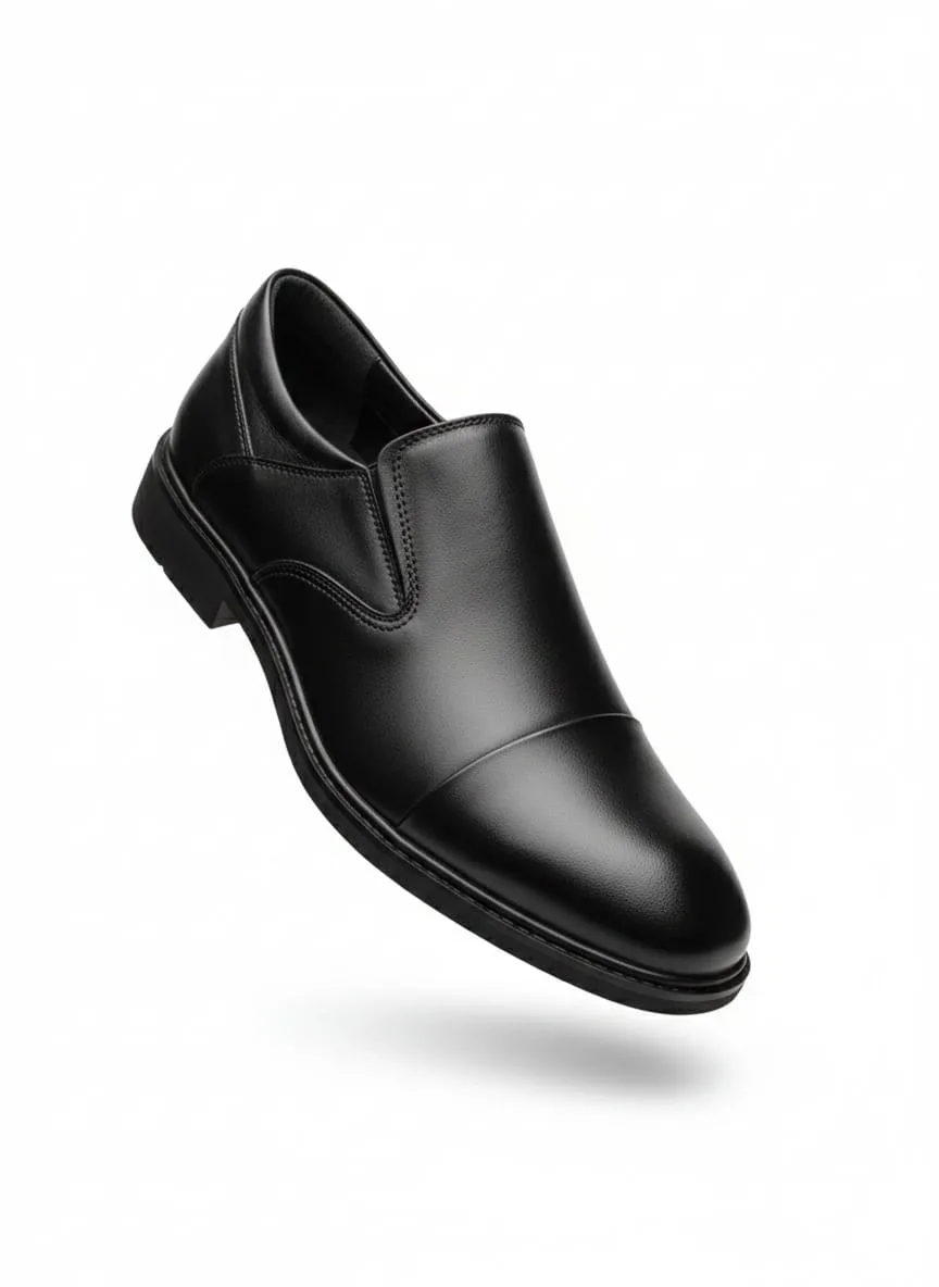 Black Plain-Toe Leather Slip-On