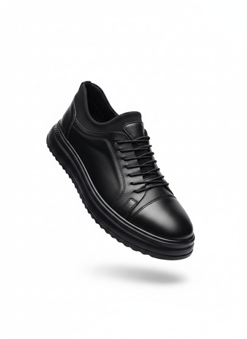 Black Ribbed-Sole Leather Sneaker
