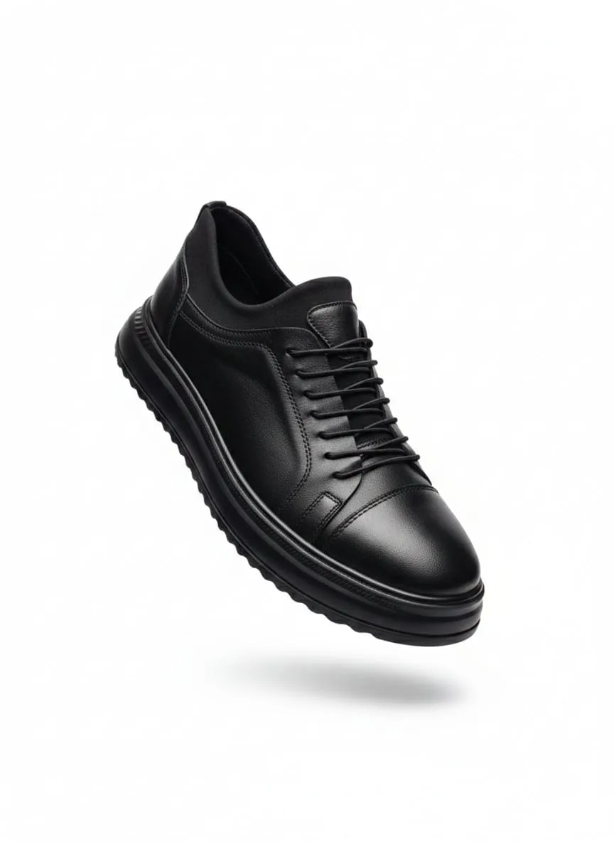 Black Ribbed-Sole Leather Sneaker